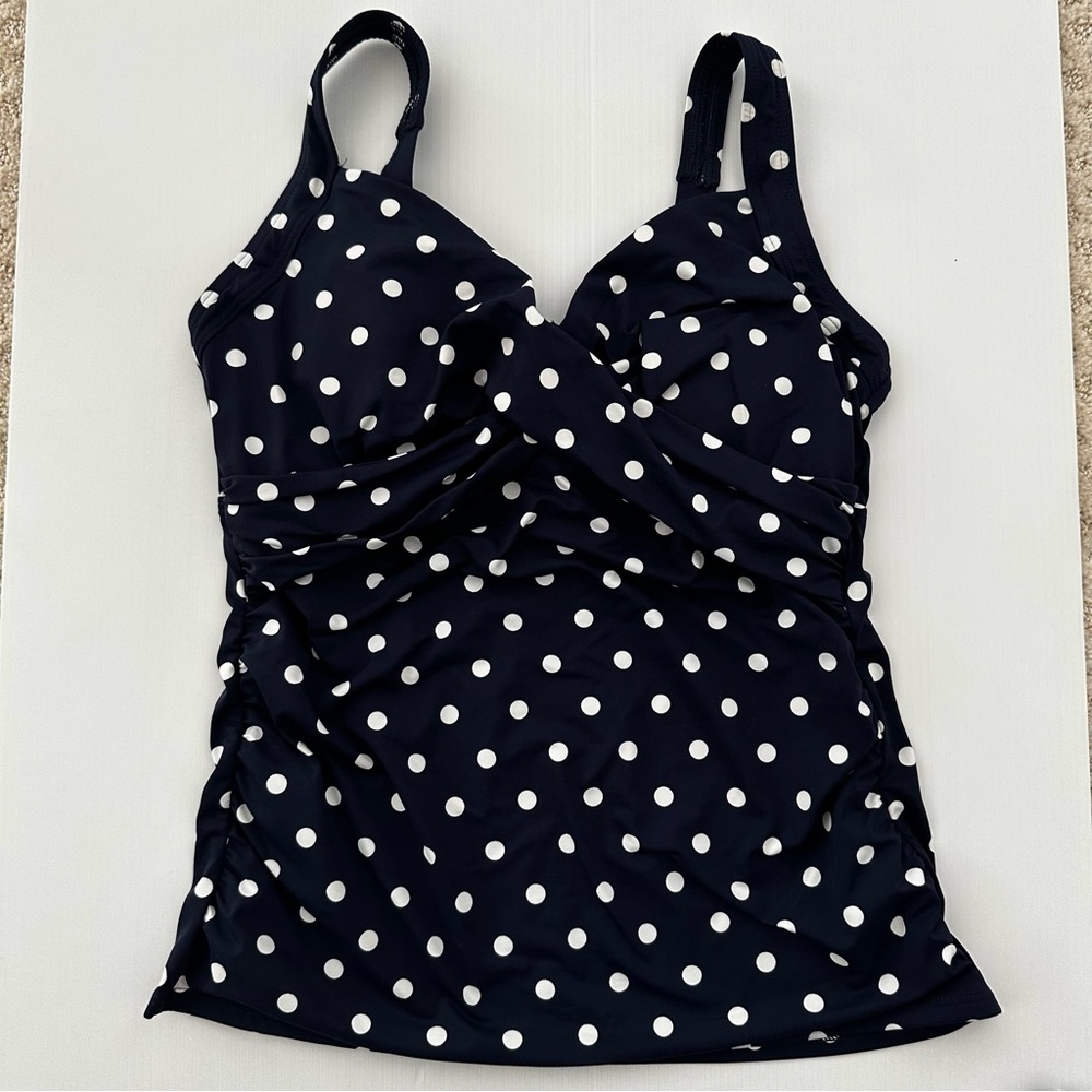Lands' End Navy and White Polka Dot Swim Tank Top Size 10DD
